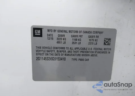 2016 Chevrolet Impala 2Lz z USA, uszkodzony, nr VIN 2G1145S36G9153410